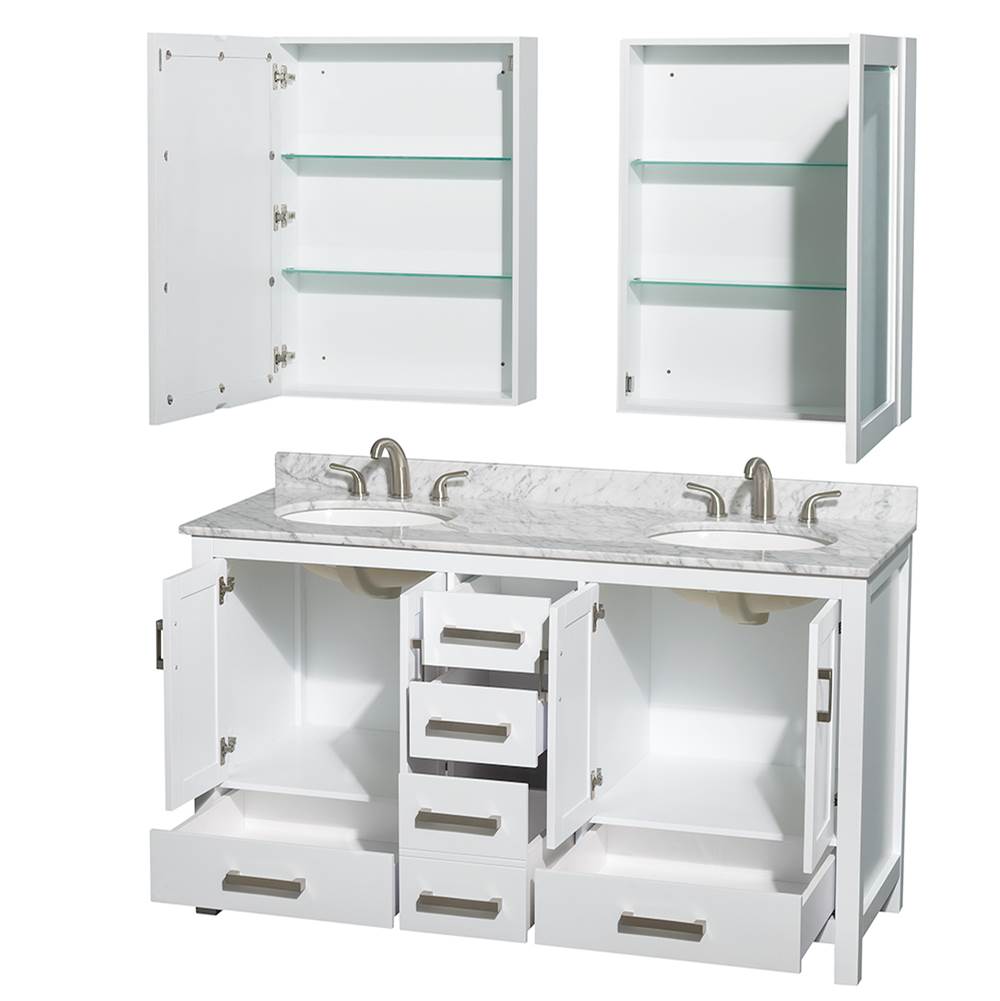 Sheffield 60 Inch Double Bathroom Vanity in Espresso, White Carrara Marble Countertop, Undermount Oval Sinks, and Medicine Cabinets
