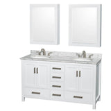 Wyndham Collection - Sheffield 60 Inch Double Bathroom Vanity in White, White Carrara Marble Countertop, Undermount Oval Sinks, and Medicine Cabinets - White