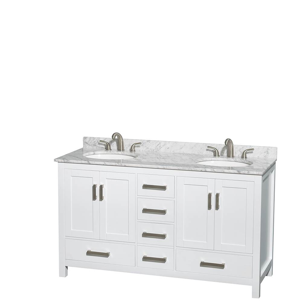 Sheffield 60 Inch Double Bathroom Vanity in Espresso, White Carrara Marble Countertop, Undermount Oval Sinks, and 58 Inch Mirror