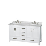 Sheffield 60 Inch Double Bathroom Vanity in Espresso, White Carrara Marble Countertop, Undermount Oval Sinks, and 58 Inch Mirror