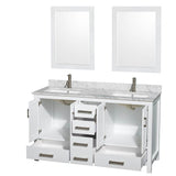 Sheffield 60 Inch Double Bathroom Vanity in Espresso, White Carrara Marble Countertop, Undermount Square Sinks, and 24 Inch Mirrors