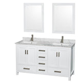 Wyndham Collection - Sheffield 60 Inch Double Bathroom Vanity in White, White Carrara Marble Countertop, Undermount Square Sinks, and 24 Inch Mirrors - White