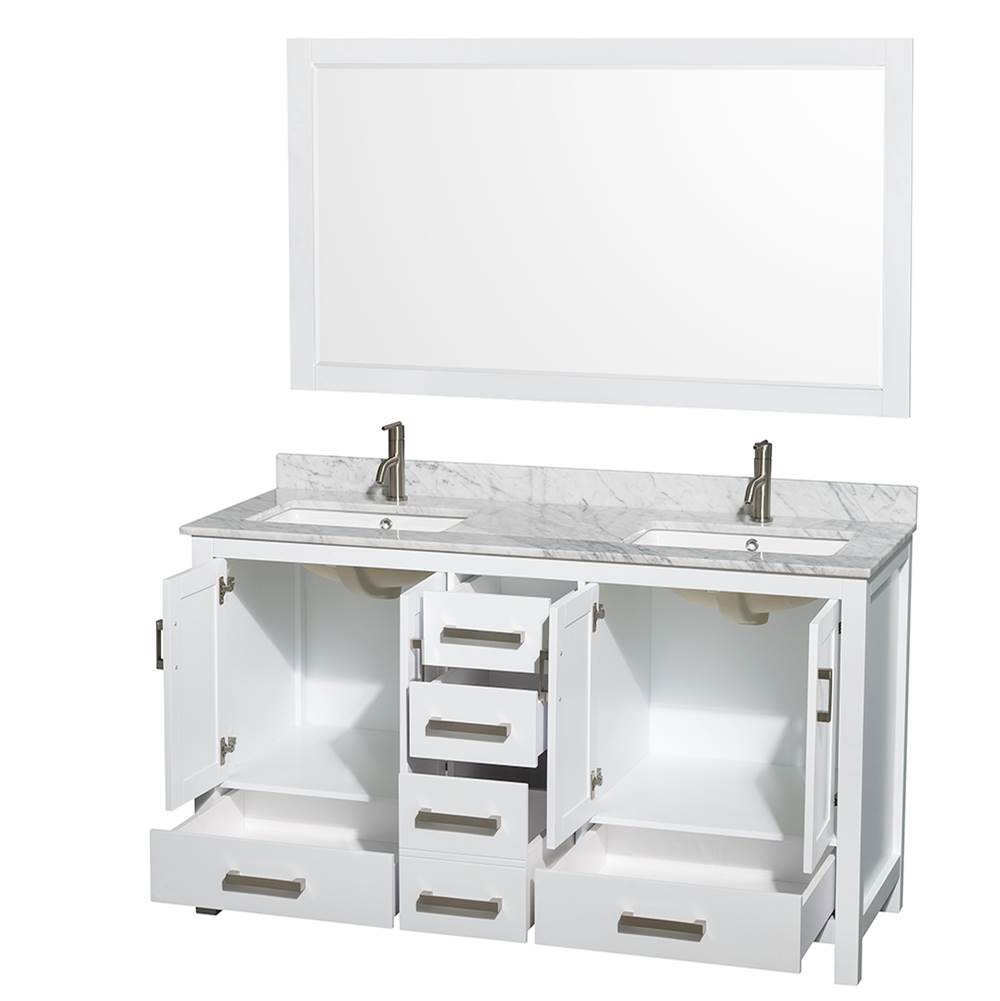 Sheffield 60 Inch Double Bathroom Vanity in Espresso, White Carrara Marble Countertop, Undermount Square Sinks, and 58 Inch Mirror