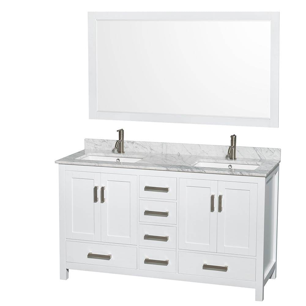 Wyndham Collection - Sheffield 60 Inch Double Bathroom Vanity in White, White Carrara Marble Countertop, Undermount Square Sinks, and 58 Inch Mirror - White