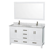 Wyndham Collection - Sheffield 60 Inch Double Bathroom Vanity in White, White Carrara Marble Countertop, Undermount Square Sinks, and 58 Inch Mirror - White