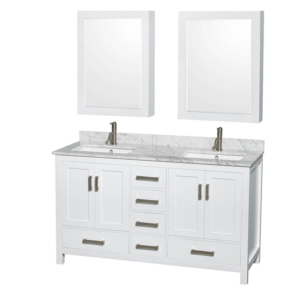 Wyndham Collection - Sheffield 60 Inch Double Bathroom Vanity in White, White Carrara Marble Countertop, Undermount Square Sinks, and Medicine Cabinets - White