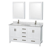 Wyndham Collection - Sheffield 60 Inch Double Bathroom Vanity in White, White Carrara Marble Countertop, Undermount Square Sinks, and Medicine Cabinets - White