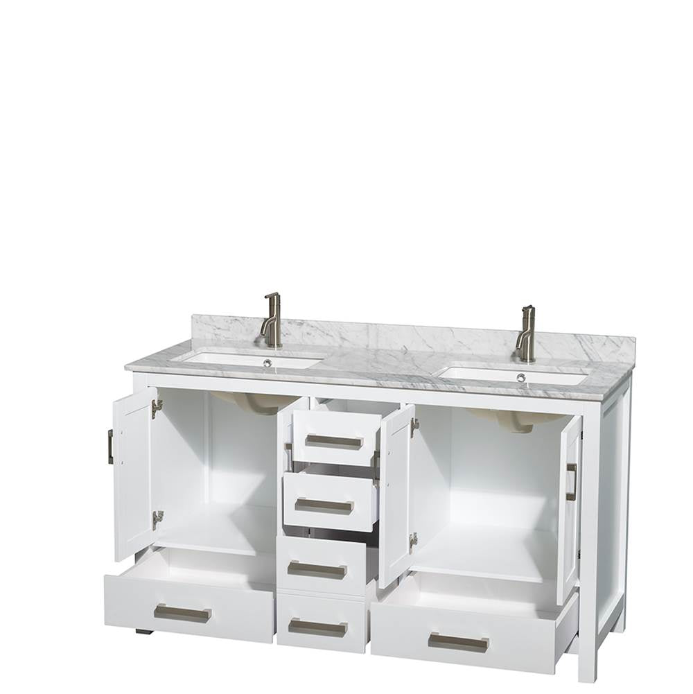 Sheffield 60 Inch Double Bathroom Vanity in Espresso, White Carrara Marble Countertop, Undermount Square Sinks, and No Mirror