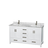 Sheffield 60 Inch Double Bathroom Vanity in Espresso, White Carrara Marble Countertop, Undermount Square Sinks, and Medicine Cabinets