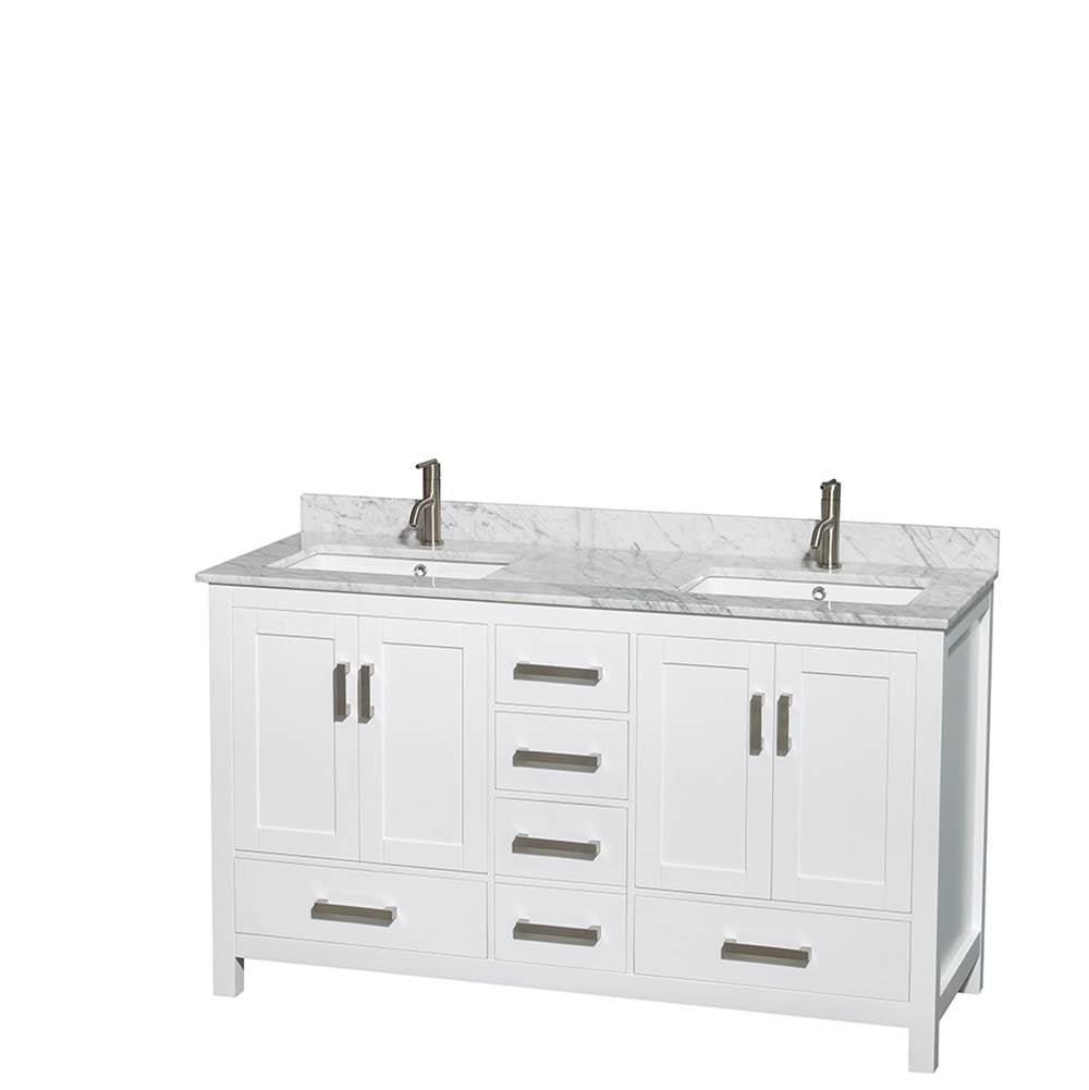 Wyndham Collection - Sheffield 60 Inch Double Bathroom Vanity in White, White Carrara Marble Countertop, Undermount Square Sinks, and No Mirror - White