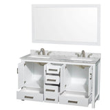 Sheffield 60 Inch Double Bathroom Vanity in White, White Carrara Marble Countertop, Undermount 3-Hole Square Sinks, 58 Inch Mirror