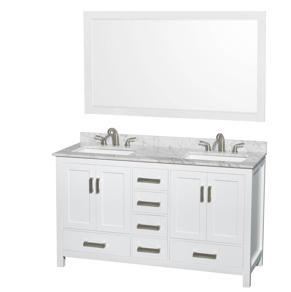 Wyndham Collection - Sheffield 60 Inch Double Bathroom Vanity in White, White Carrara Marble Countertop, Undermount 3-Hole Square Sinks, 58 Inch Mirror - White