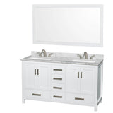 Wyndham Collection - Sheffield 60 Inch Double Bathroom Vanity in White, White Carrara Marble Countertop, Undermount 3-Hole Square Sinks, 58 Inch Mirror - White