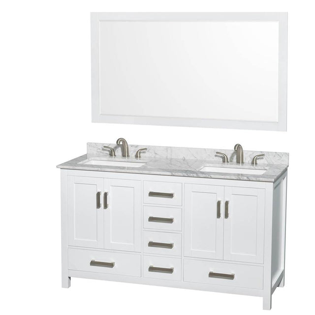 Wyndham Collection - Sheffield 60 Inch Double Bathroom Vanity in White, White Carrara Marble Countertop, Undermount 3-Hole Square Sinks, 58 Inch Mirror - White