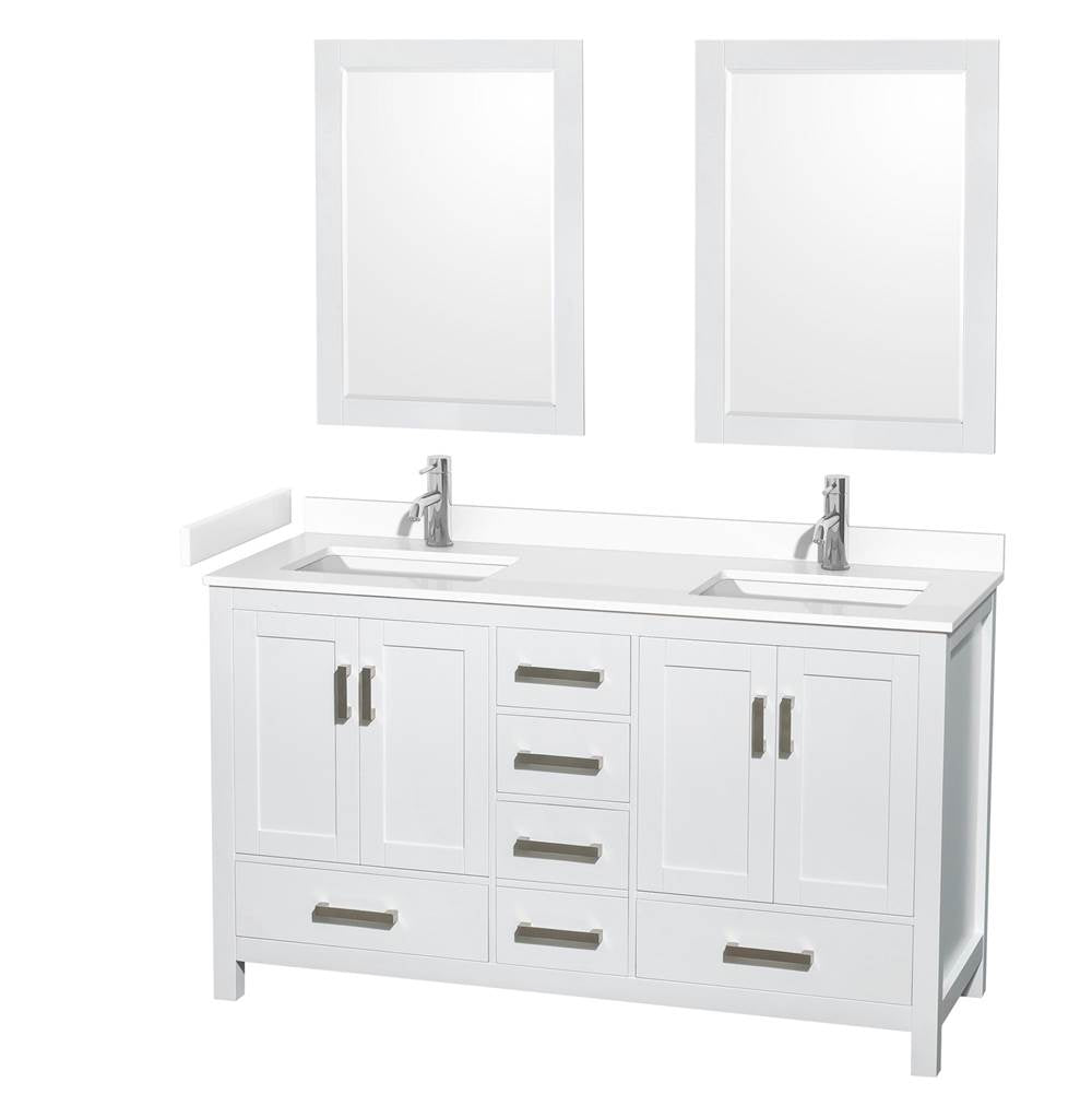 Wyndham Collection - Sheffield 60 Inch Double Bathroom Vanity in White, White Cultured Marble Countertop, Undermount Square Sinks, 24 Inch Mirrors