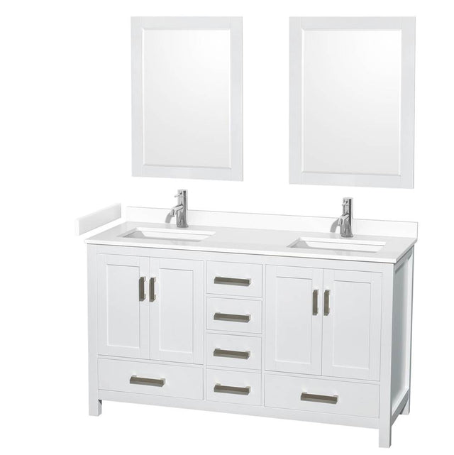 Wyndham Collection - Sheffield 60 Inch Double Bathroom Vanity in White, White Cultured Marble Countertop, Undermount Square Sinks, 24 Inch Mirrors