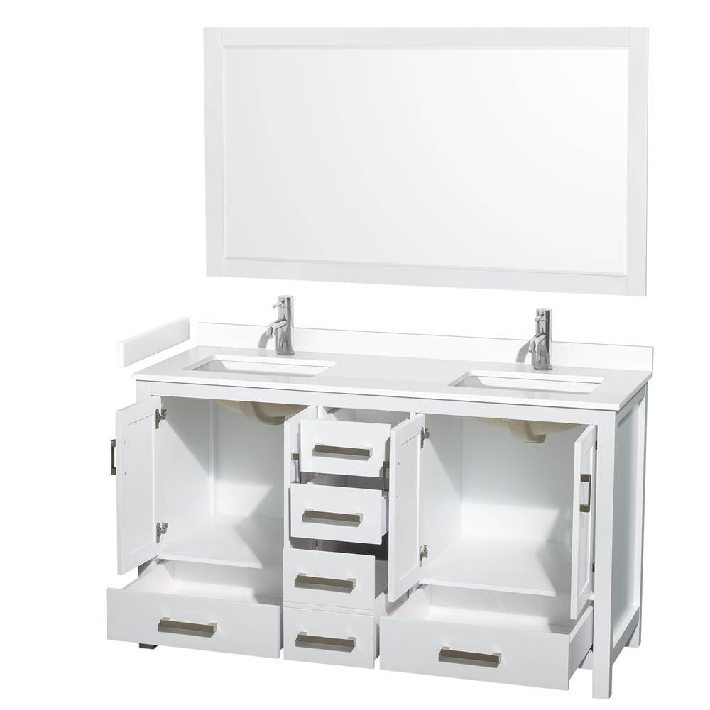 Sheffield 60 Inch Double Bathroom Vanity in White, White Cultured Marble Countertop, Undermount Square Sinks, 58 Inch Mirror