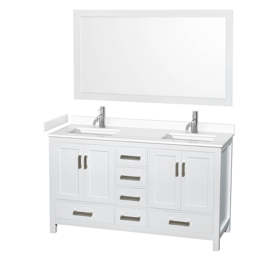 Wyndham Collection - Sheffield 60 Inch Double Bathroom Vanity in White, White Cultured Marble Countertop, Undermount Square Sinks, 58 Inch Mirror