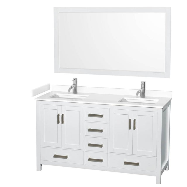 Wyndham Collection - Sheffield 60 Inch Double Bathroom Vanity in White, White Cultured Marble Countertop, Undermount Square Sinks, 58 Inch Mirror