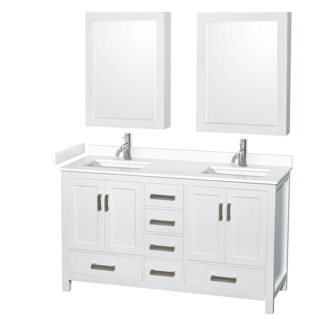 Wyndham Collection - Sheffield 60 Inch Double Bathroom Vanity in White, White Cultured Marble Countertop, Undermount Square Sinks, Medicine Cabinets
