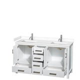 Sheffield 60 Inch Double Bathroom Vanity in White, White Cultured Marble Countertop, Undermount Square Sinks, No Mirror