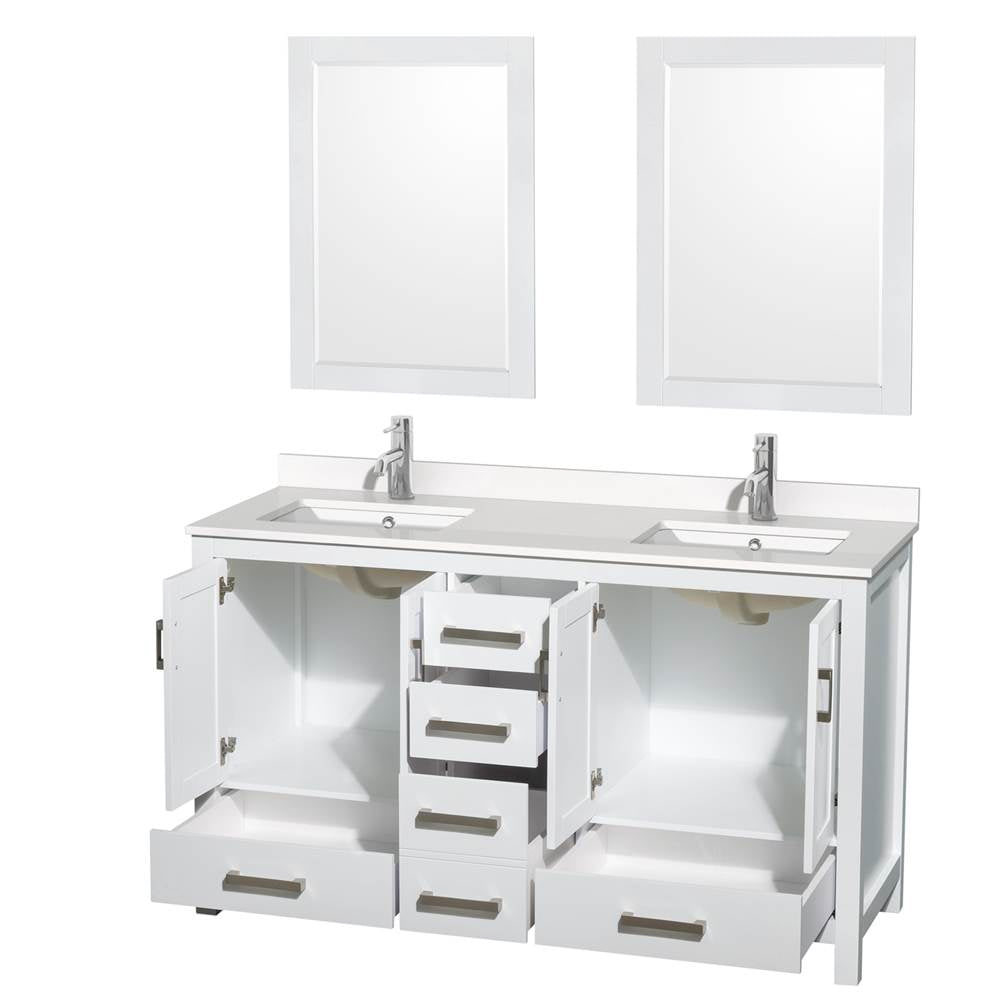 Sheffield 60 Inch Double Bathroom Vanity in Gray, White Quartz Countertop, Undermount Square Sinks, 24 Inch Mirrors