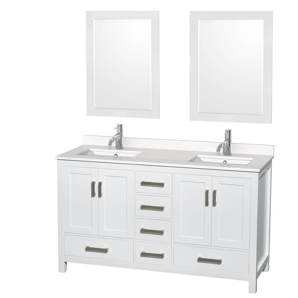 Wyndham Collection - Sheffield 60 Inch Double Bathroom Vanity in White, White Quartz Countertop, Undermount Square Sinks, 24 Inch Mirrors - White