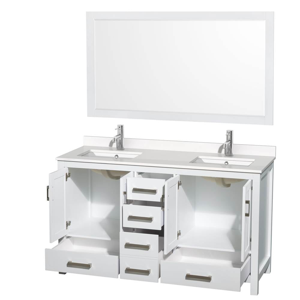 Sheffield 60 Inch Double Bathroom Vanity in Gray, White Quartz Countertop, Undermount Square Sinks, 58 Inch Mirror