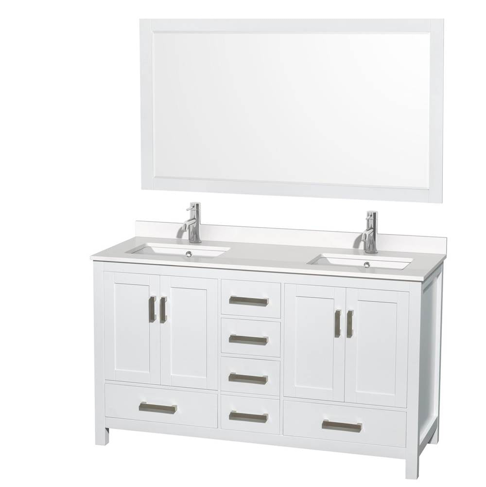 Wyndham Collection - Sheffield 60 Inch Double Bathroom Vanity in White, White Quartz Countertop, Undermount Square Sinks, 58 Inch Mirror - White