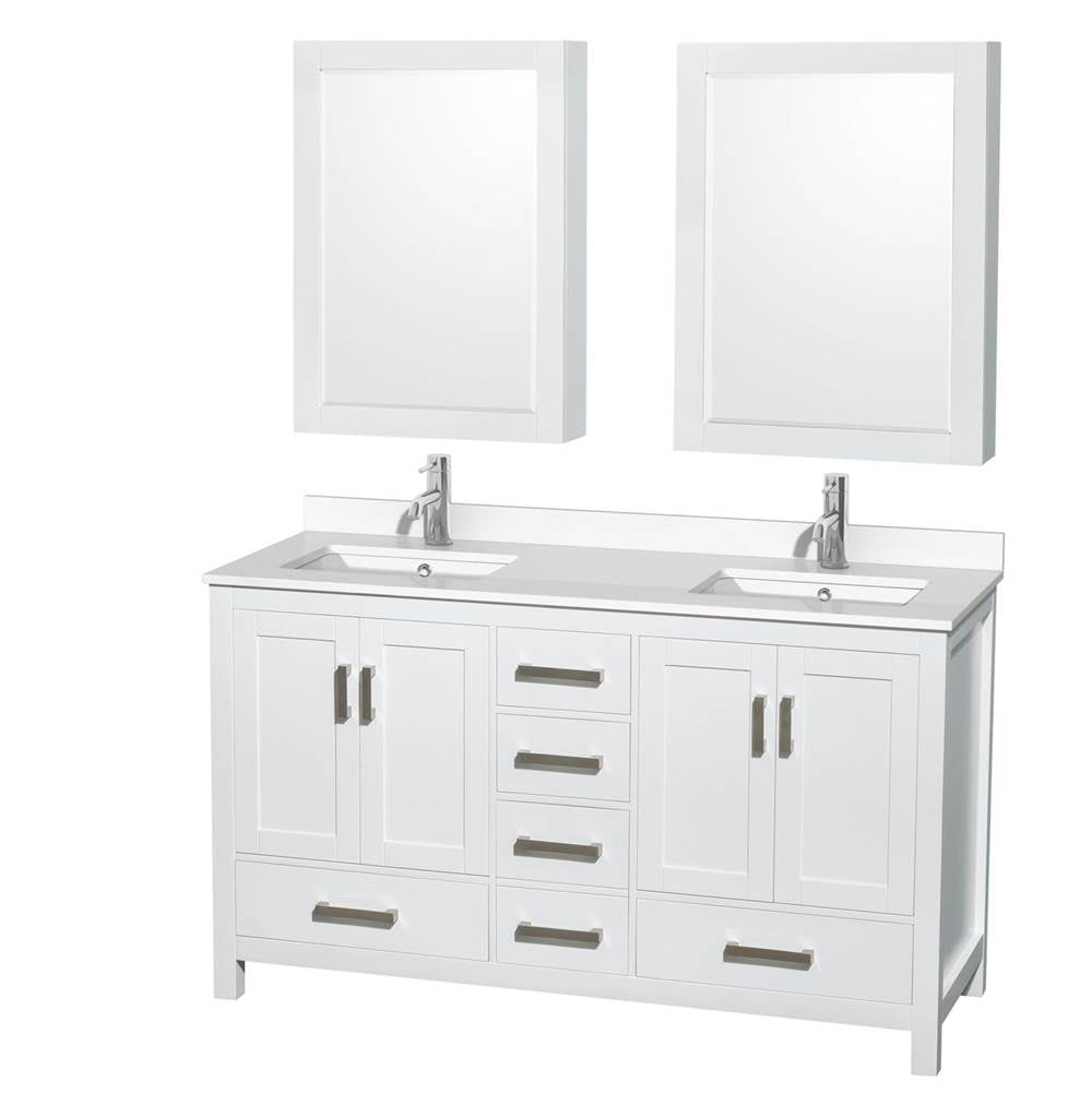Wyndham Collection - Sheffield 60 Inch Double Bathroom Vanity in White, White Quartz Countertop, Undermount Square Sinks, Medicine Cabinets - White