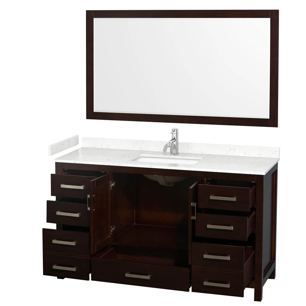 Sheffield 60 Inch Single Bathroom Vanity in Espresso, Carrara Cultured Marble Countertop, Undermount Square Sink, 58 Inch Mirror