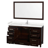 Sheffield 60 Inch Single Bathroom Vanity in Espresso, Carrara Cultured Marble Countertop, Undermount Square Sink, 58 Inch Mirror