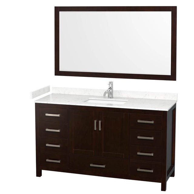 Wyndham Collection - Sheffield 60 Inch Single Bathroom Vanity in Espresso, Carrara Cultured Marble Countertop, Undermount Square Sink, 58 Inch Mirror