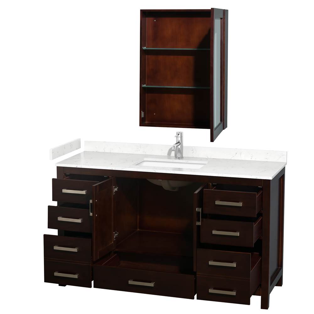 Sheffield 60 Inch Single Bathroom Vanity in Espresso, Carrara Cultured Marble Countertop, Undermount Square Sink, Medicine Cabinet