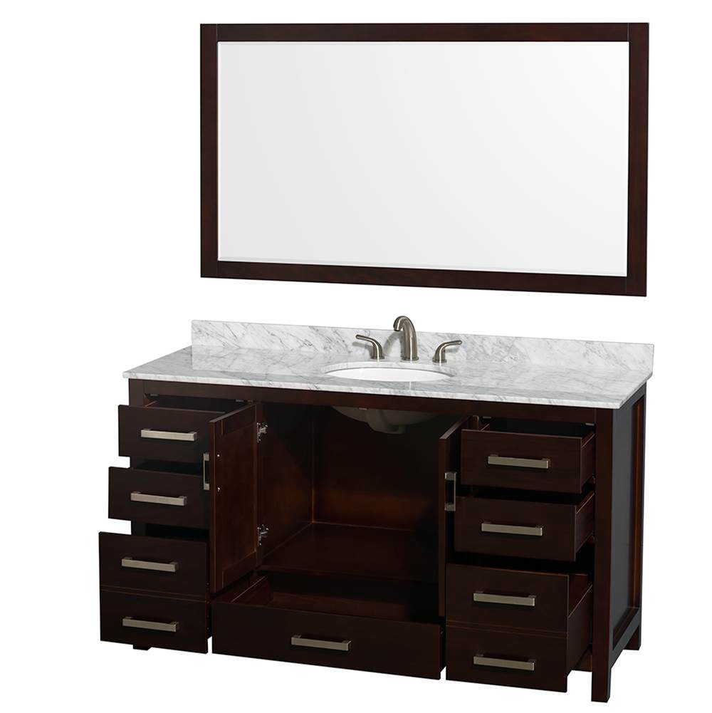 Sheffield 60 Inch Single Bathroom Vanity in Espresso, White Carrara Marble Countertop, Undermount Oval Sink, and 58 Inch Mirror