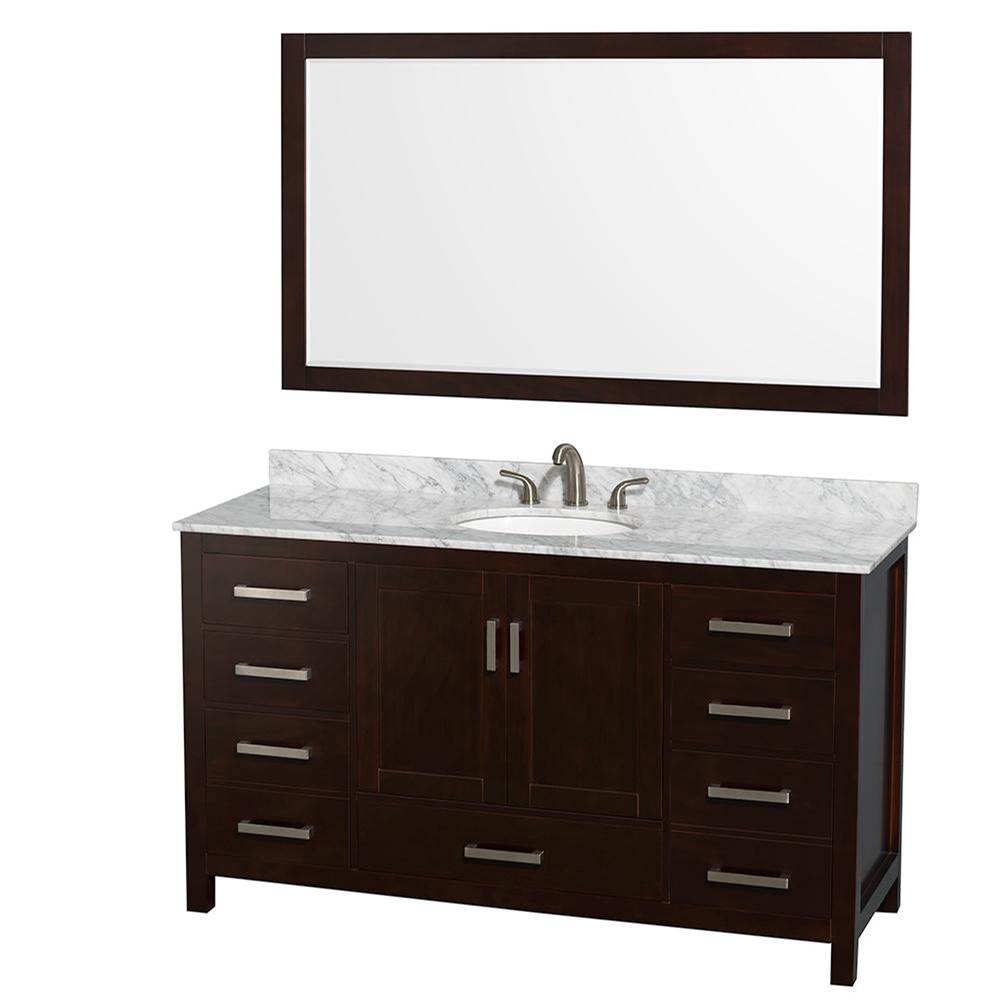 Wyndham Collection - Sheffield 60 Inch Single Bathroom Vanity in Espresso, White Carrara Marble Countertop, Undermount Oval Sink, and 58 Inch Mirror - Espresso