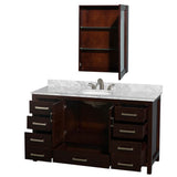 Sheffield 60 Inch Single Bathroom Vanity in Espresso, White Carrara Marble Countertop, Undermount Oval Sink, and Medicine Cabinet