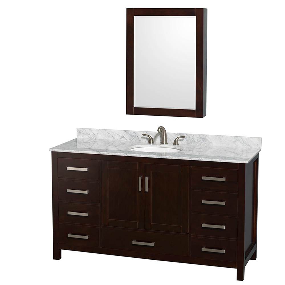 Wyndham Collection - Sheffield 60 Inch Single Bathroom Vanity in Espresso, White Carrara Marble Countertop, Undermount Oval Sink, and Medicine Cabinet - Espresso