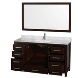 Sheffield 60 Inch Single Bathroom Vanity in Espresso, White Carrara Marble Countertop, Undermount Square Sink, and 58 Inch Mirror