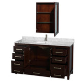 Sheffield 60 Inch Single Bathroom Vanity in Espresso, White Carrara Marble Countertop, Undermount Square Sink, and Medicine Cabinet