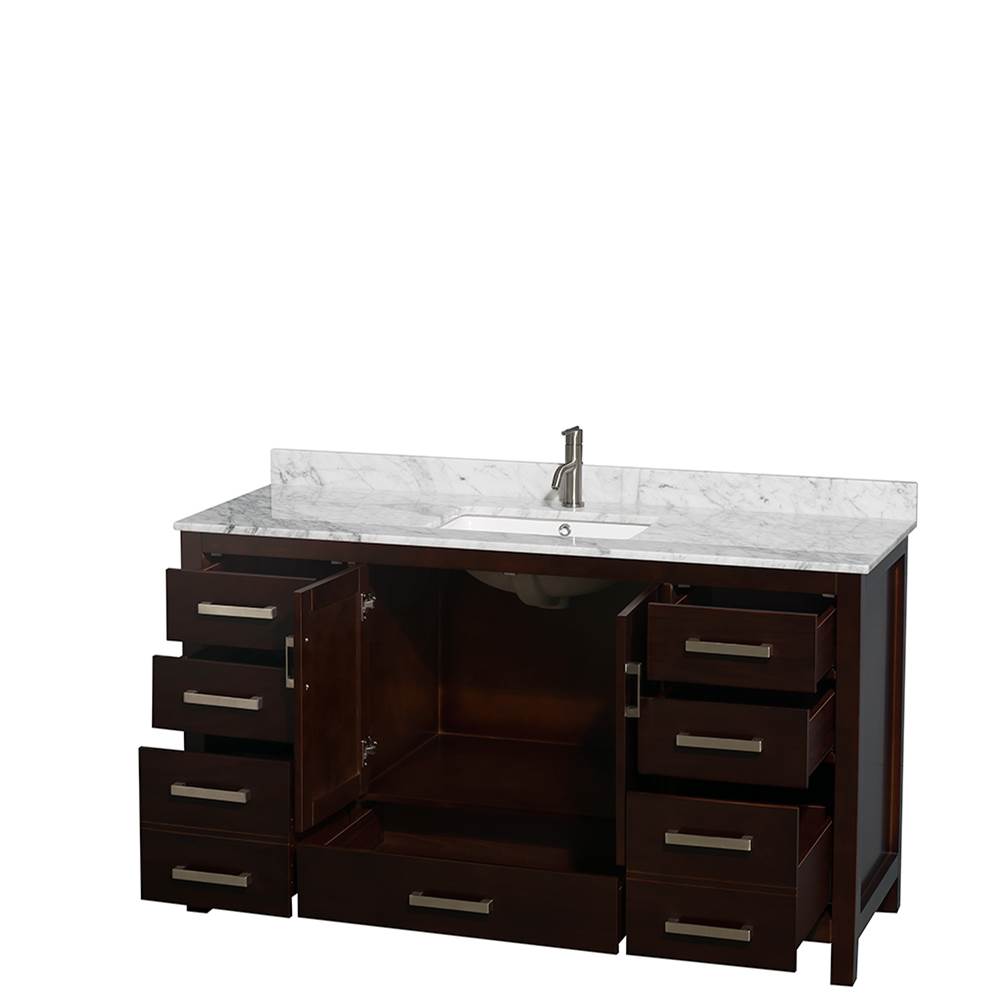 Sheffield 60 Inch Single Bathroom Vanity in Espresso, White Carrara Marble Countertop, Undermount Square Sink, and No Mirror