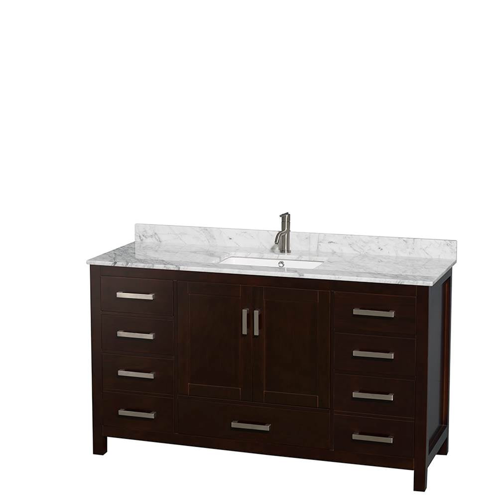 Sheffield 60 Inch Single Bathroom Vanity in Espresso, White Carrara Marble Countertop, Undermount Square Sink, and 58 Inch Mirror