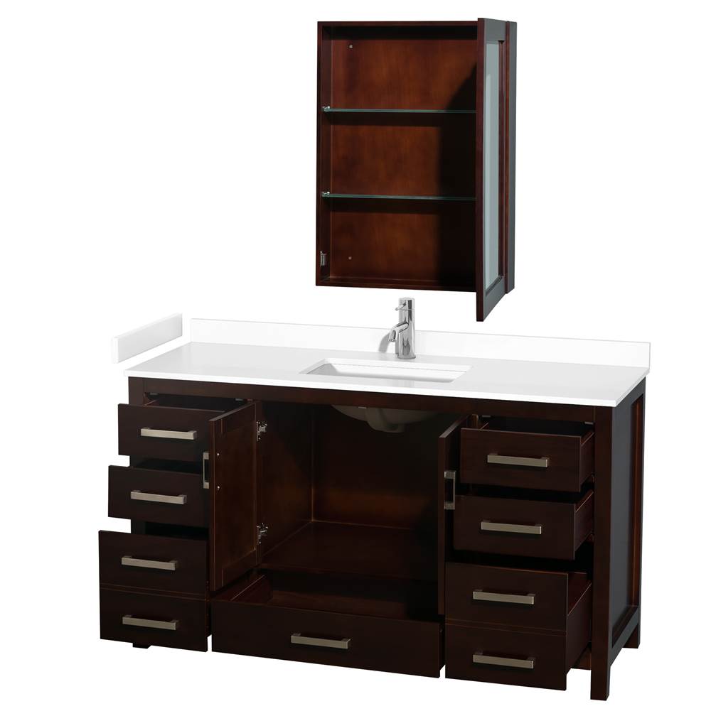Sheffield 60 Inch Single Bathroom Vanity in Espresso, White Cultured Marble Countertop, Undermount Square Sink, Medicine Cabinet