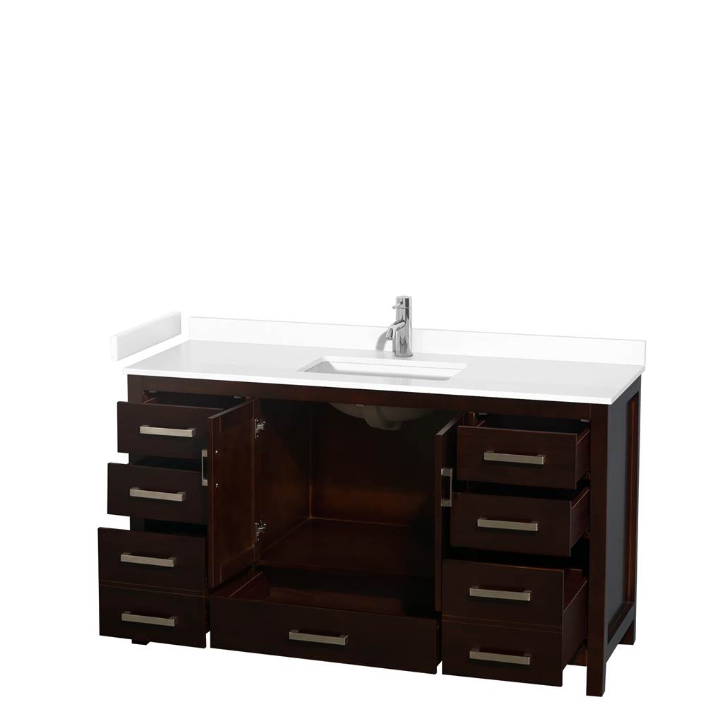 Sheffield 60 Inch Single Bathroom Vanity in Espresso, White Cultured Marble Countertop, Undermount Square Sink, No Mirror