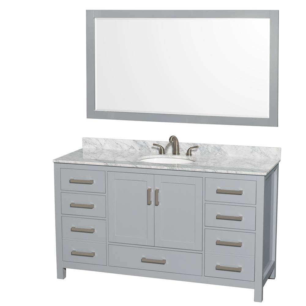 Wyndham Collection - Sheffield 60 Inch Single Bathroom Vanity in Gray, White Carrara Marble Countertop, Undermount Oval Sink, and 58 Inch Mirror - Gray