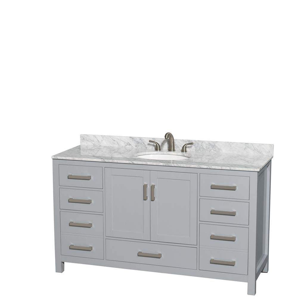 Wyndham Collection - Sheffield 60 Inch Single Bathroom Vanity in Gray, White Carrara Marble Countertop, Undermount Oval Sink, and No Mirror - Gray