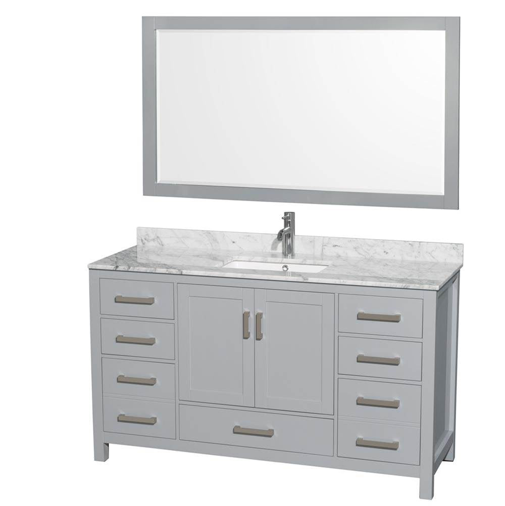 Wyndham Collection - Sheffield 60 Inch Single Bathroom Vanity in Gray, White Carrara Marble Countertop, Undermount Square Sink, and 58 Inch Mirror - Gray