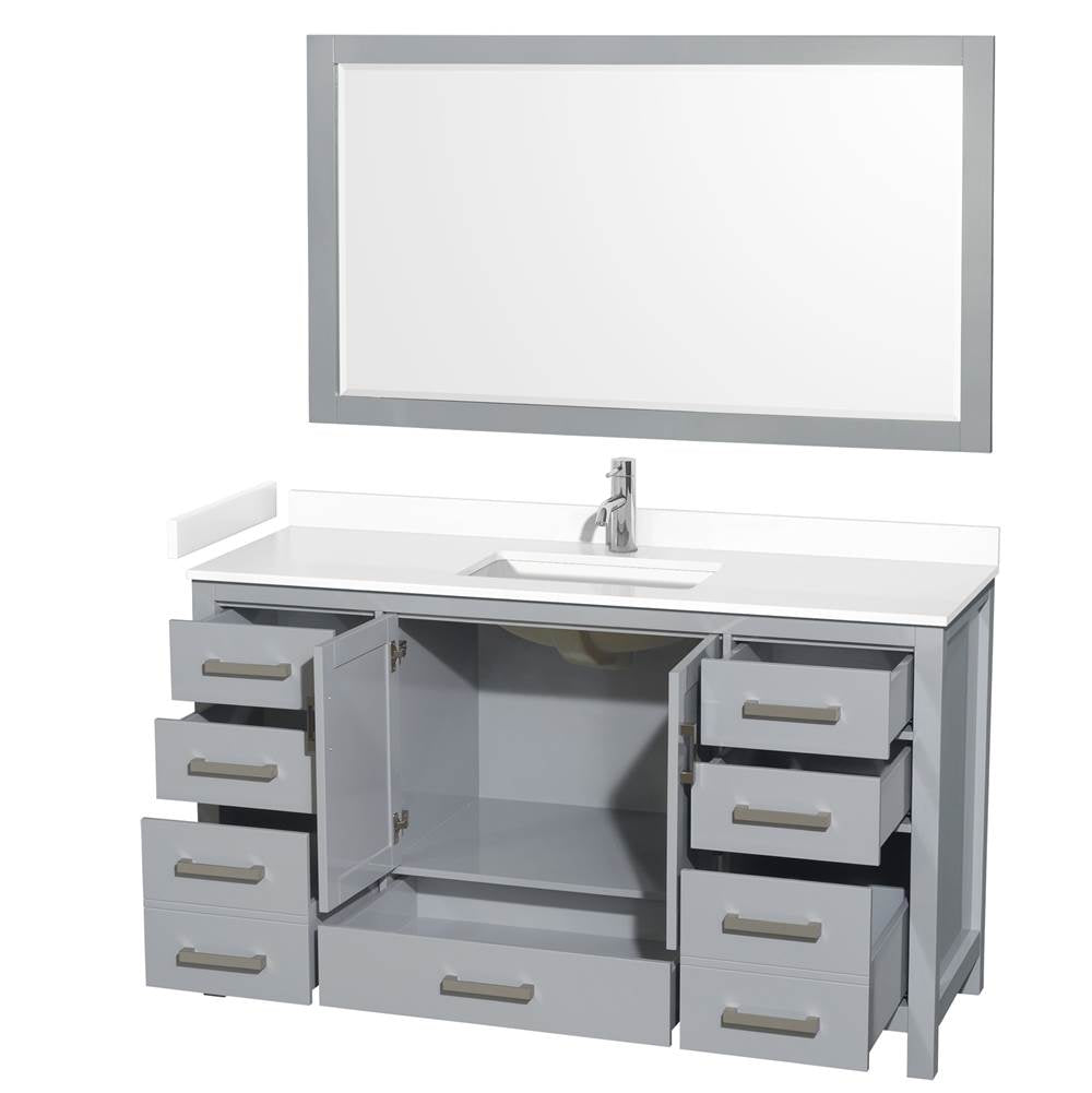 Sheffield 60 Inch Single Bathroom Vanity in Gray, White Cultured Marble Countertop, Undermount Square Sink, 58 Inch Mirror