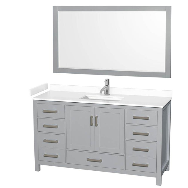 Wyndham Collection - Sheffield 60 Inch Single Bathroom Vanity in Gray, White Cultured Marble Countertop, Undermount Square Sink, 58 Inch Mirror