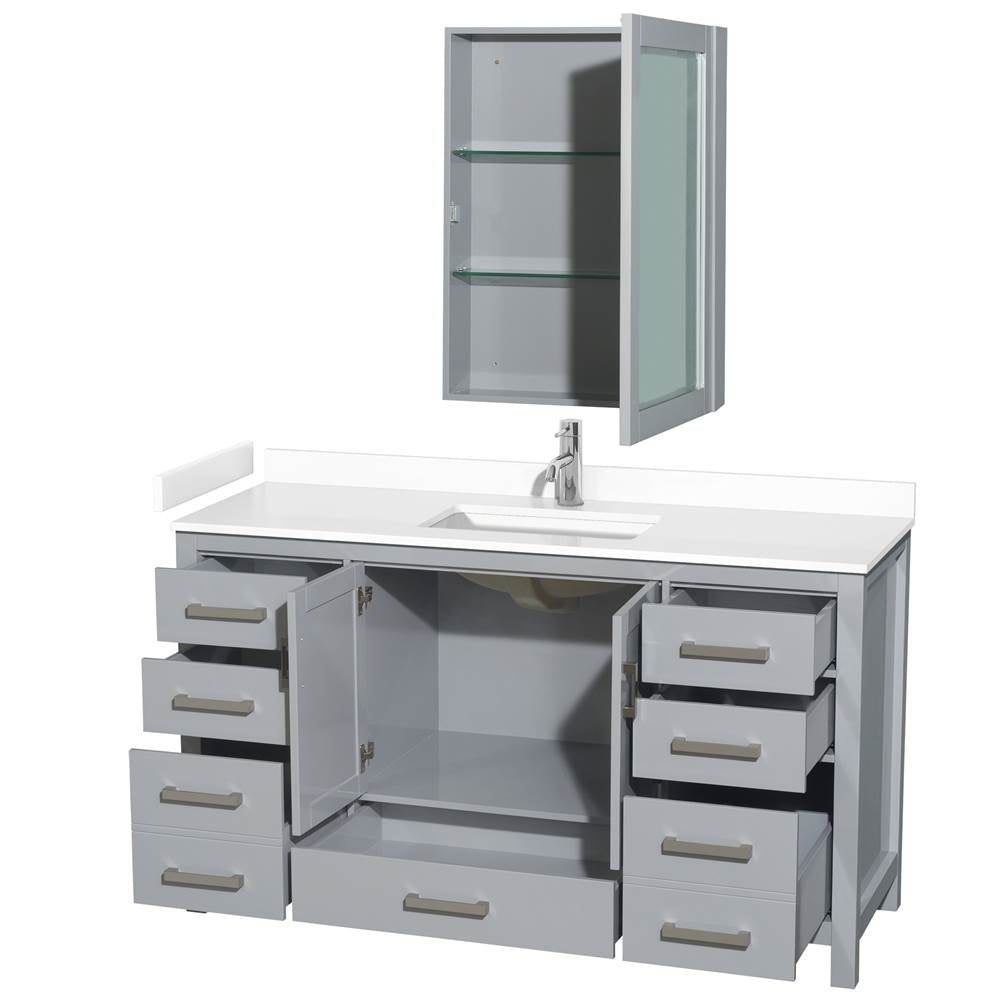 Sheffield 60 Inch Single Bathroom Vanity in Gray, White Cultured Marble Countertop, Undermount Square Sink, Medicine Cabinet